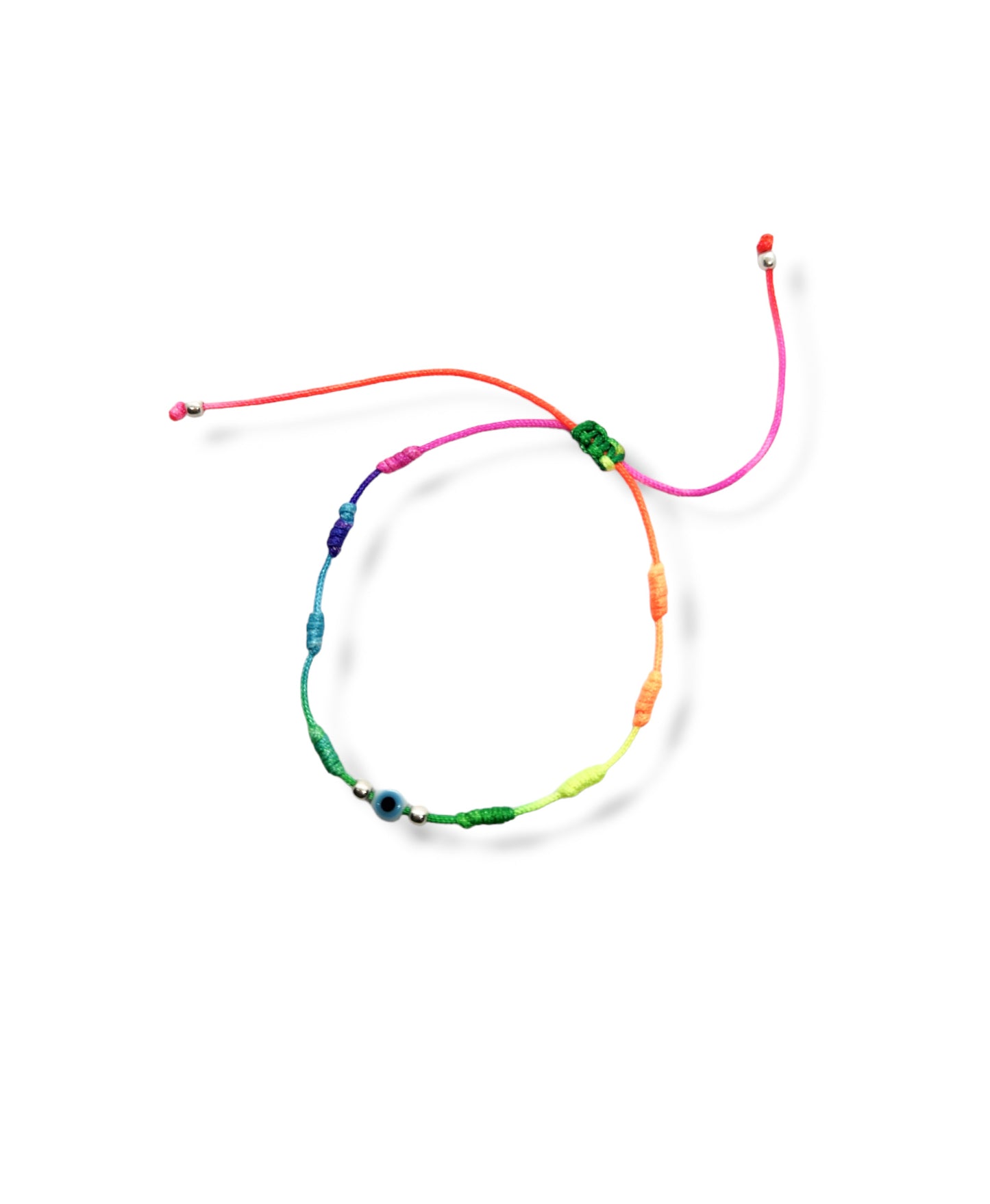 Pulsera de hilo de colores con ojo turco y bolitas de plata