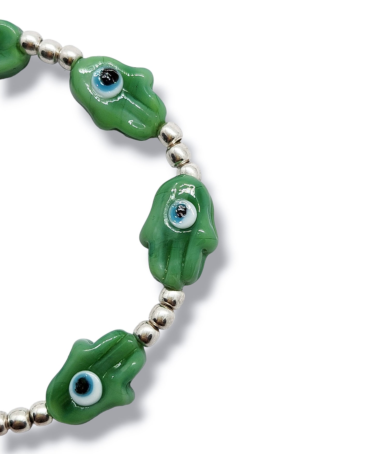 Pulsera de bolitas de plata con mano de fátima y ojito turco VERDE