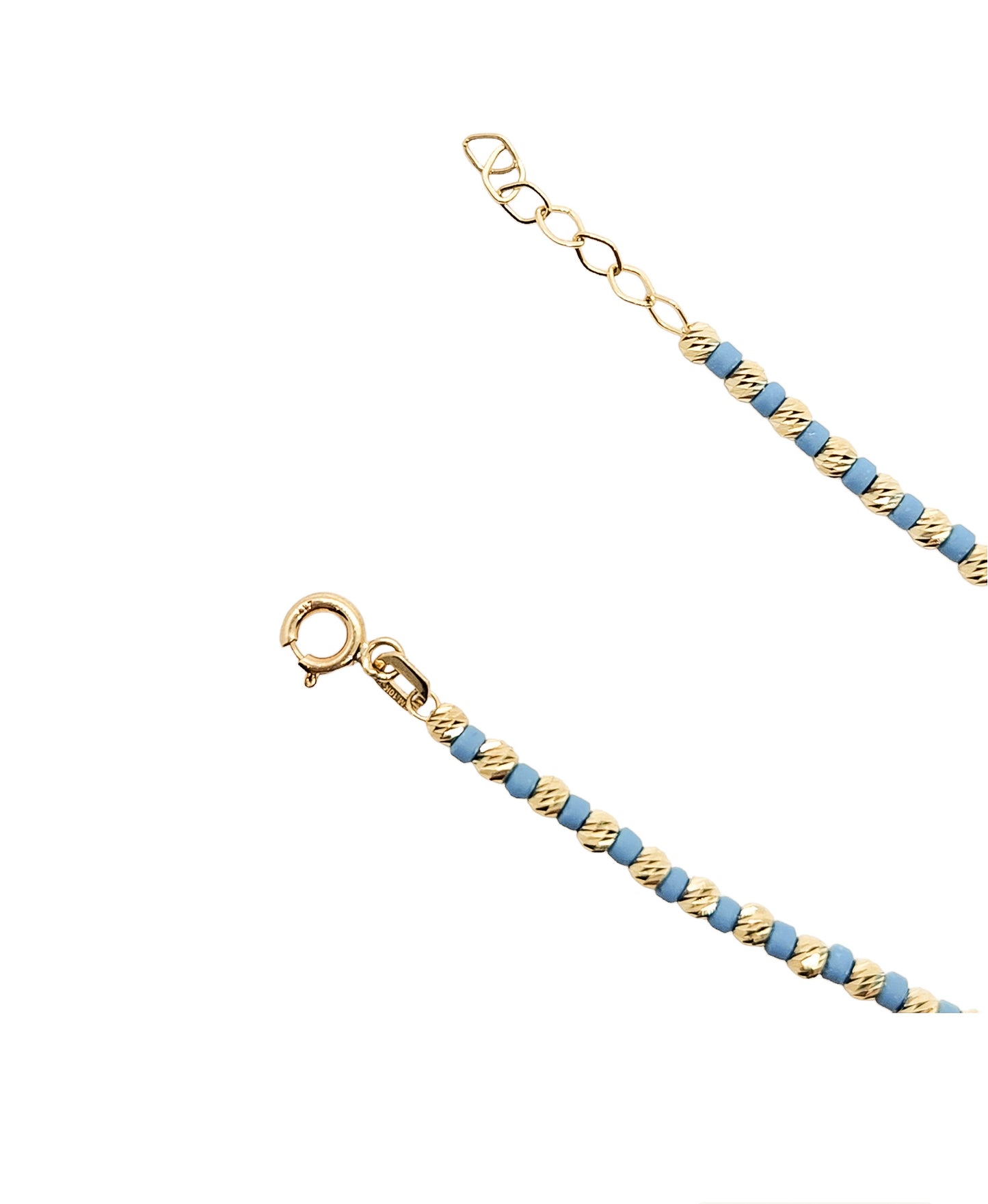 Pulsera con bolitas facetadas de oro 10k color azul aqua