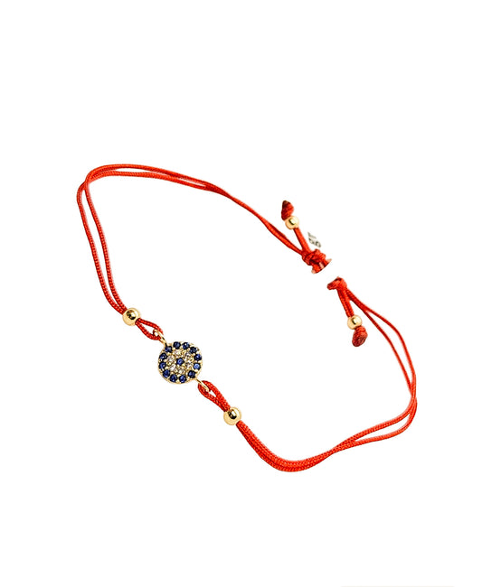 Pulsera ojo turco de hilo rojo ajustable oro 10k