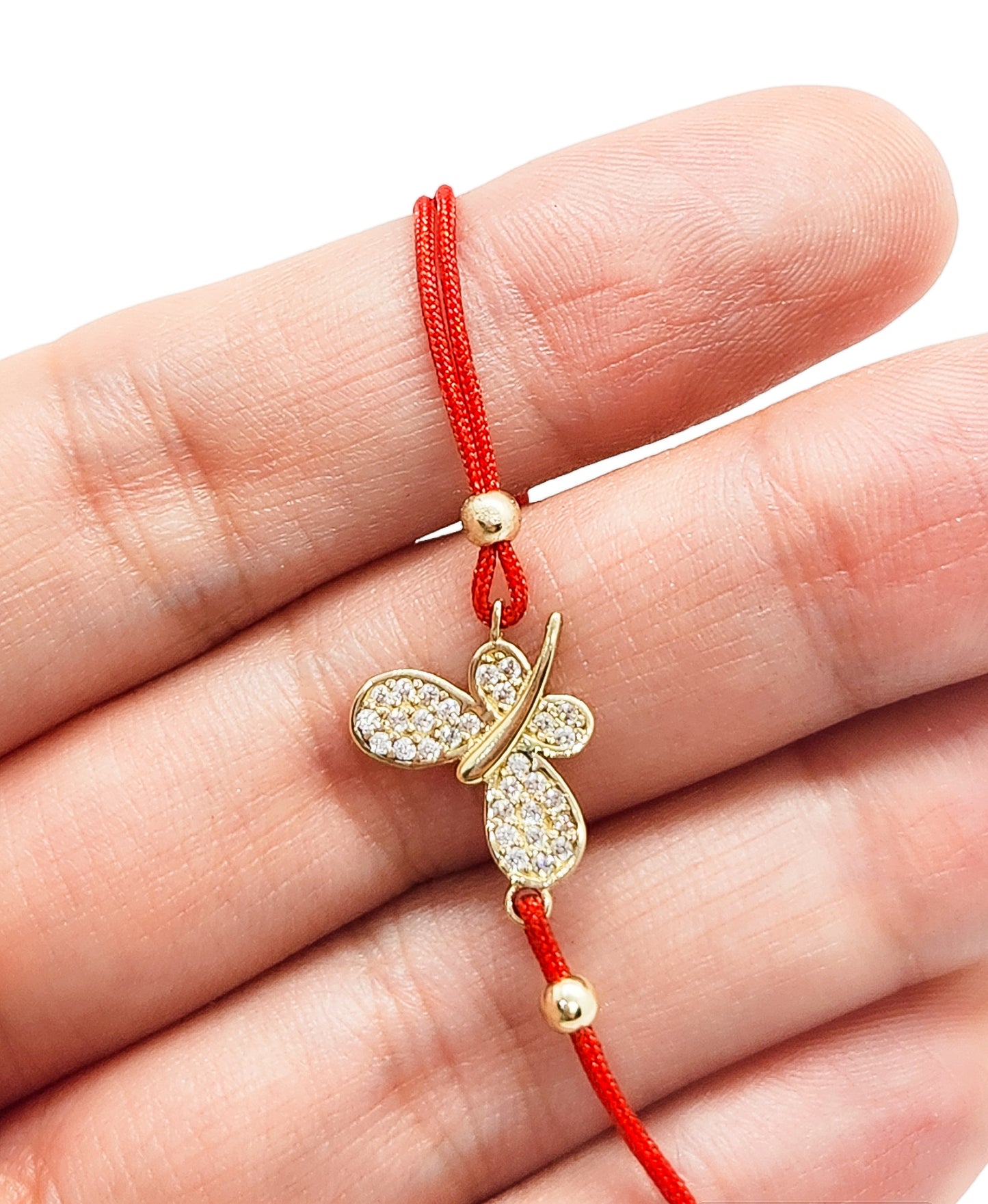 Pulsera mariposa de hilo rojo ajustable oro 10k