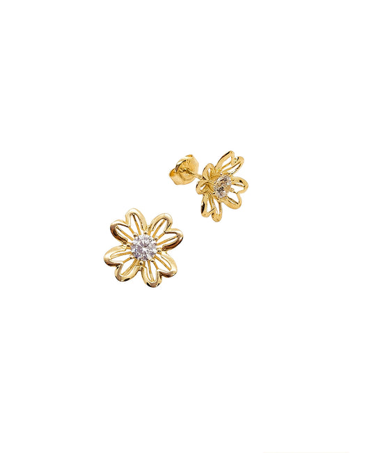 Aretes en forma de flor con circonia blanca oro 10k