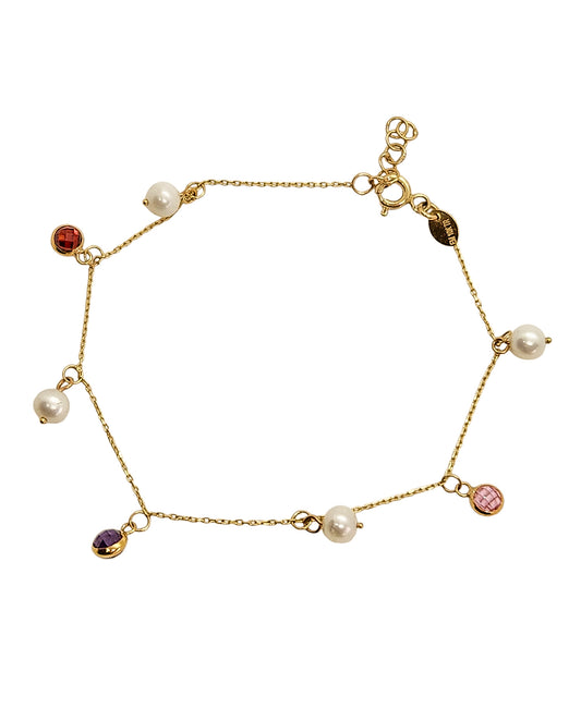 Pulsera con dijes colgantes perla natural y circonias oro 10k