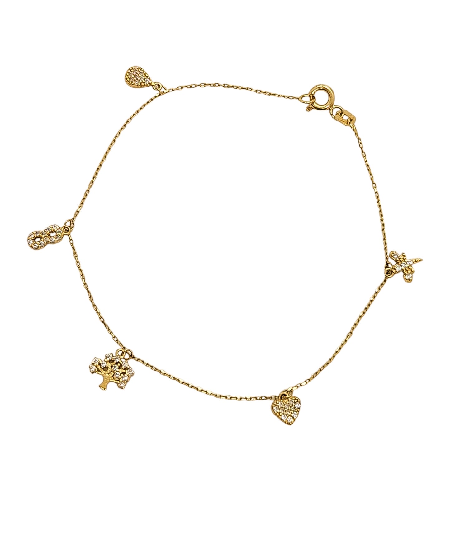 Pulsera con dijes colgantes buena suerte oro 10k